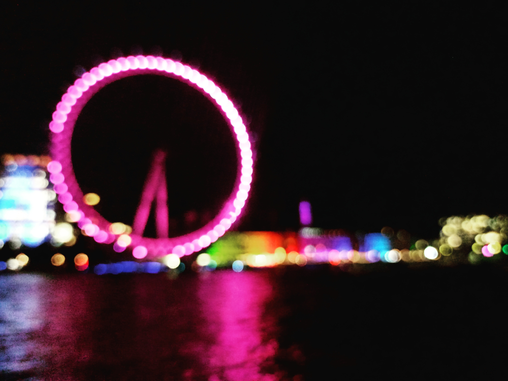 Photograph of the London Eye and County Hall with a bokeh effect due to focussing blur.